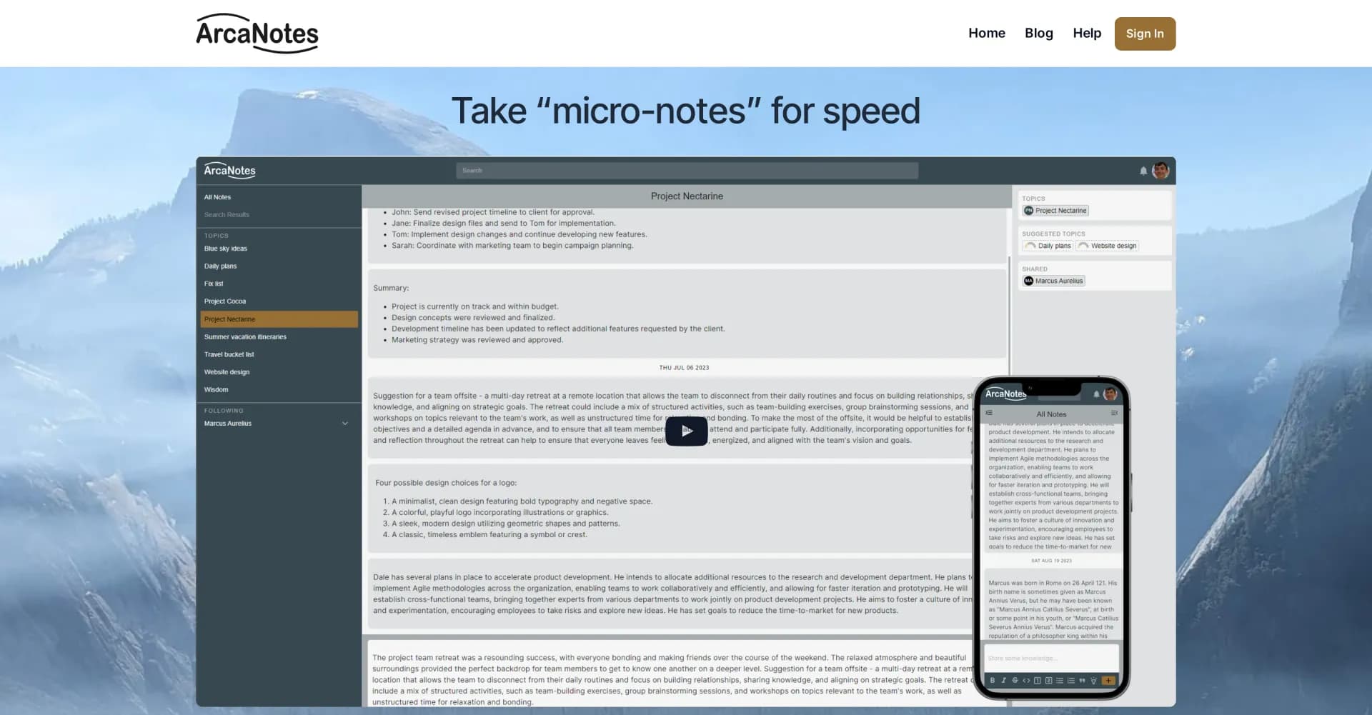 ArcaNotes homepage screenshot — Free your mind with AI-powered micro-notes.
