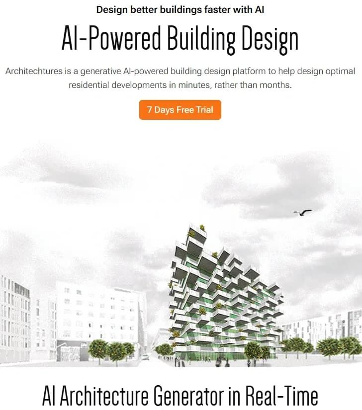 ARCHITEChTURES homepage screenshot — AI-powered design: Months to minutes for buildings.
