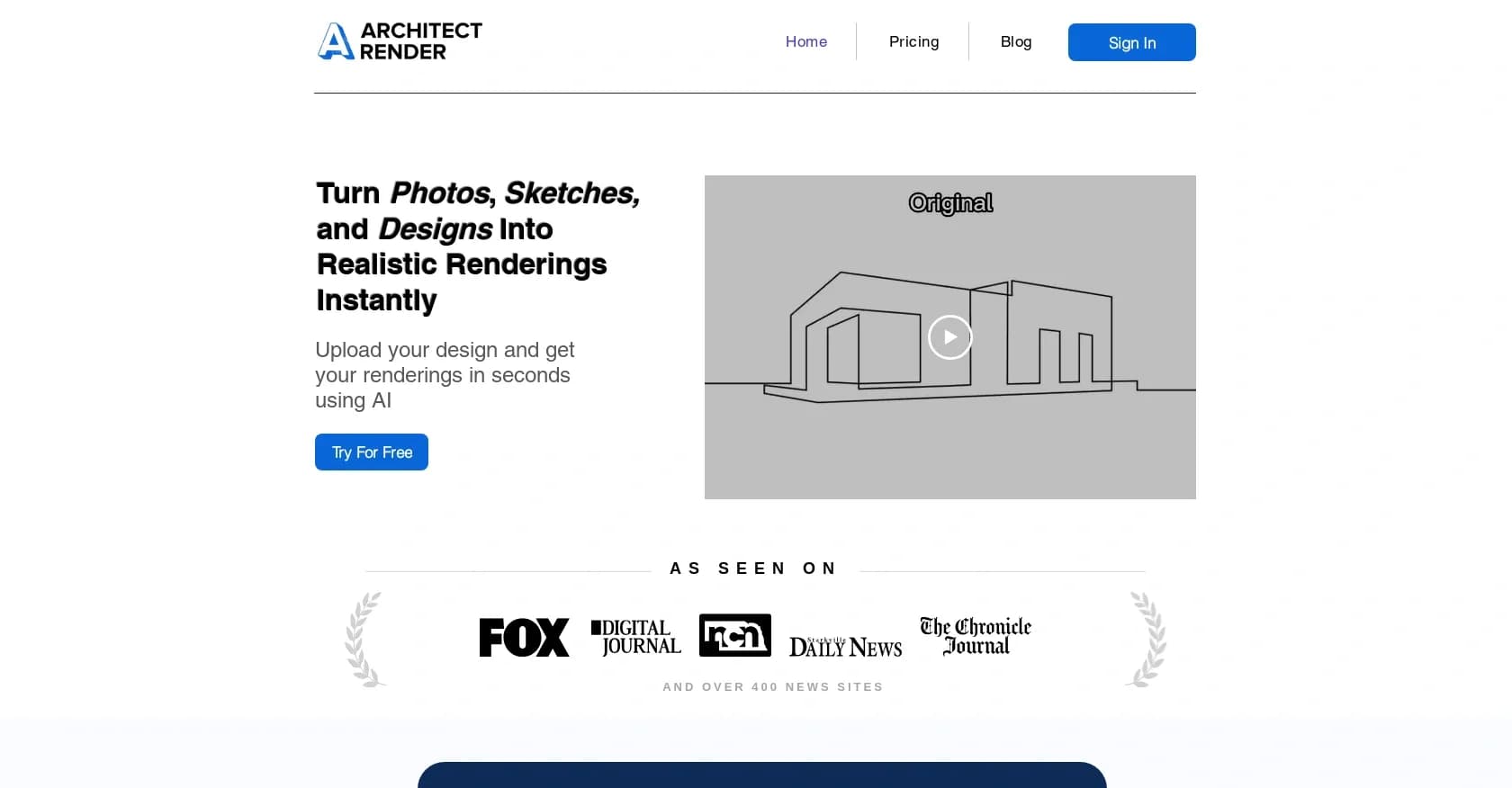 Architectrender homepage screenshot — Turn photos and sketches into instant 3D renderings.