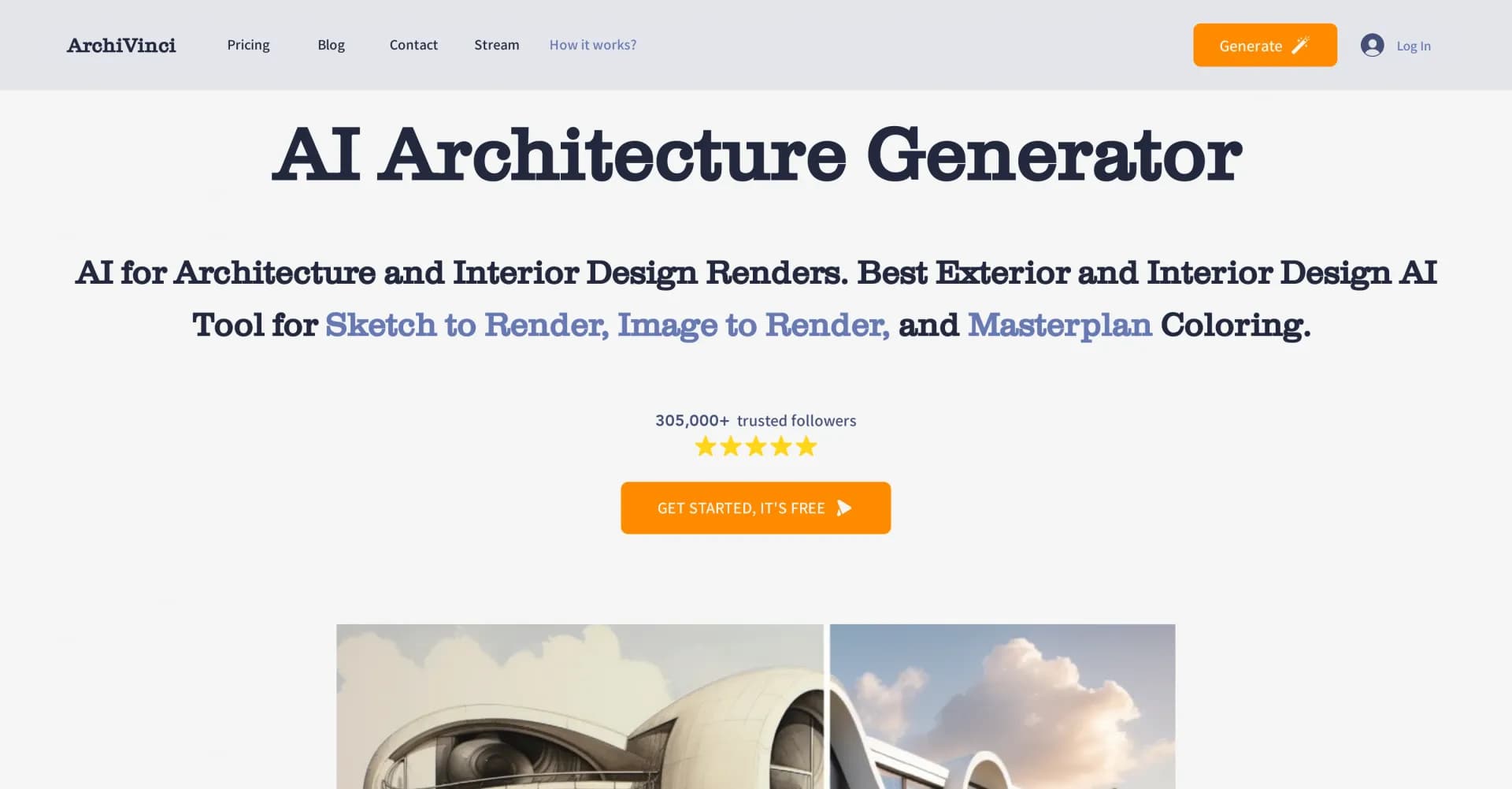 ArchiVinci homepage screenshot — Transform your sketches into hyper-realistic renders effortl