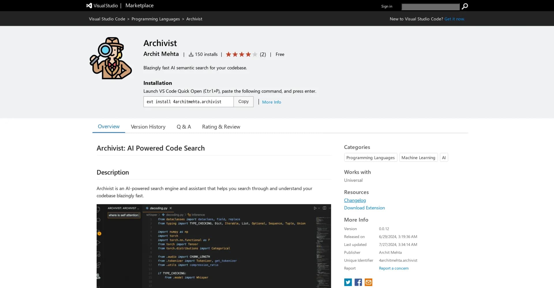 Archivist homepage screenshot — Blazingly fast AI semantic search for your codebase.