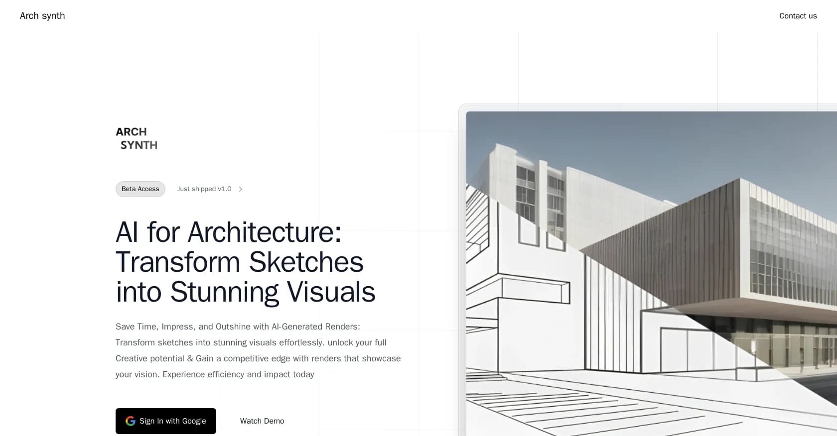 Archsynth homepage screenshot — Transform sketches into stunning architectural renders with 