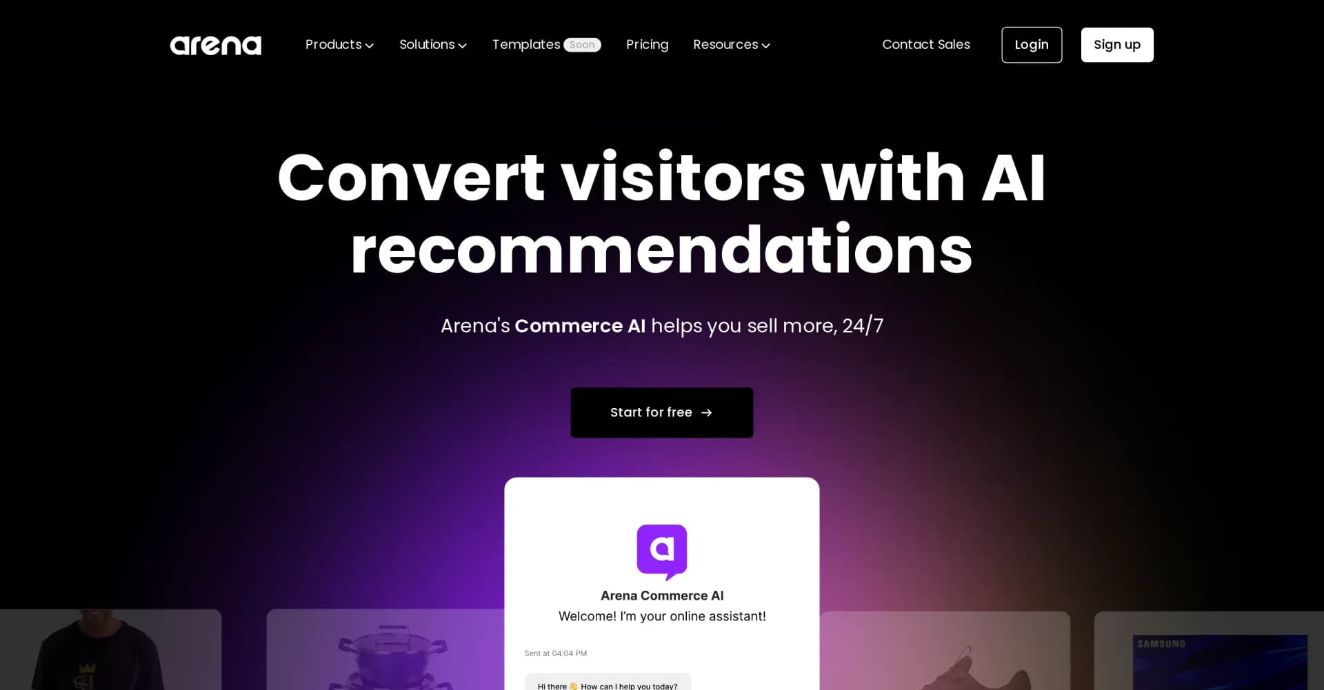 Arena Commerce AI homepage screenshot — AI-powered conversational commerce to boost sales 24/7