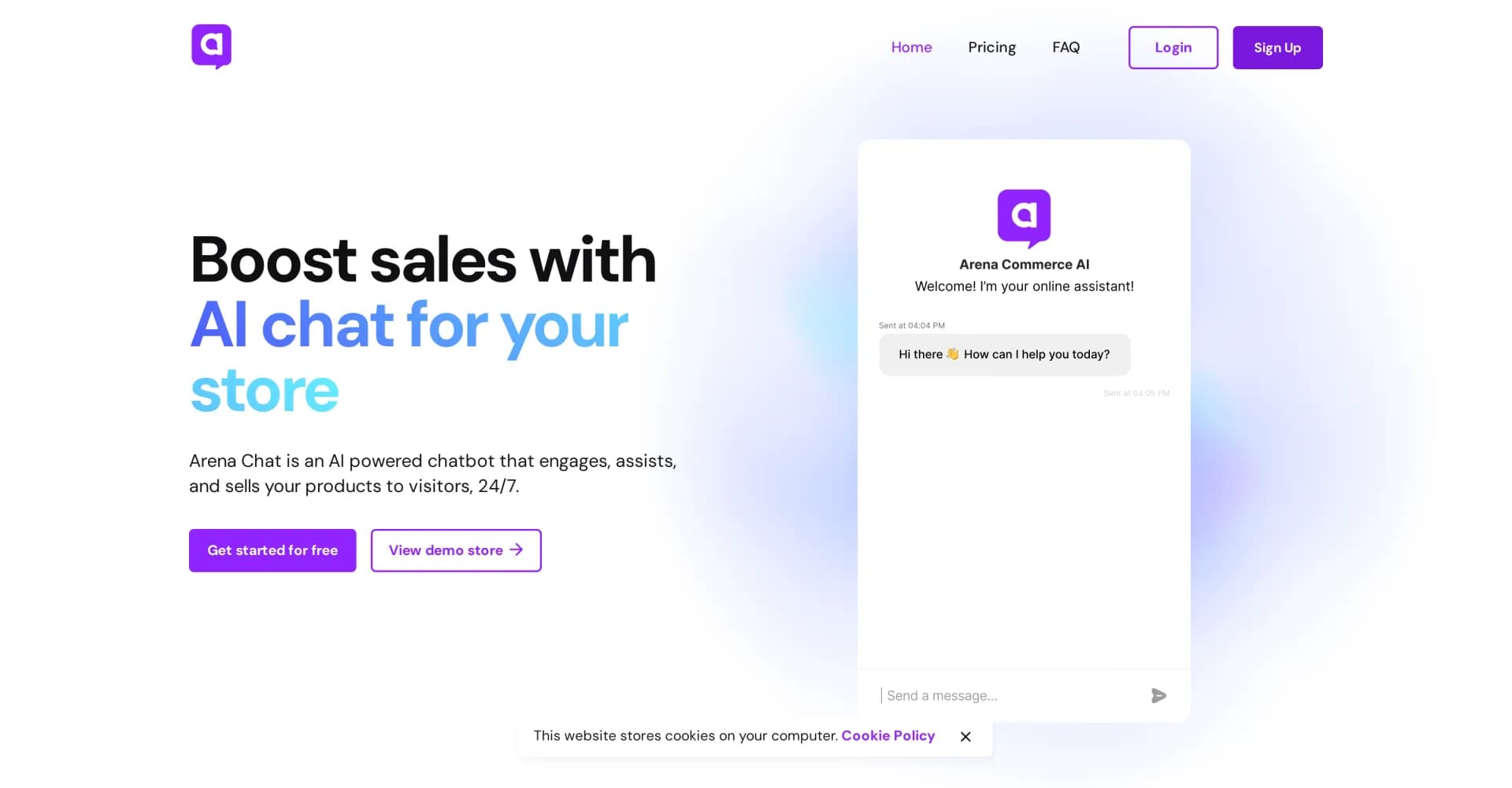 ArenaChat homepage screenshot — Boost sales with AI chat for your store