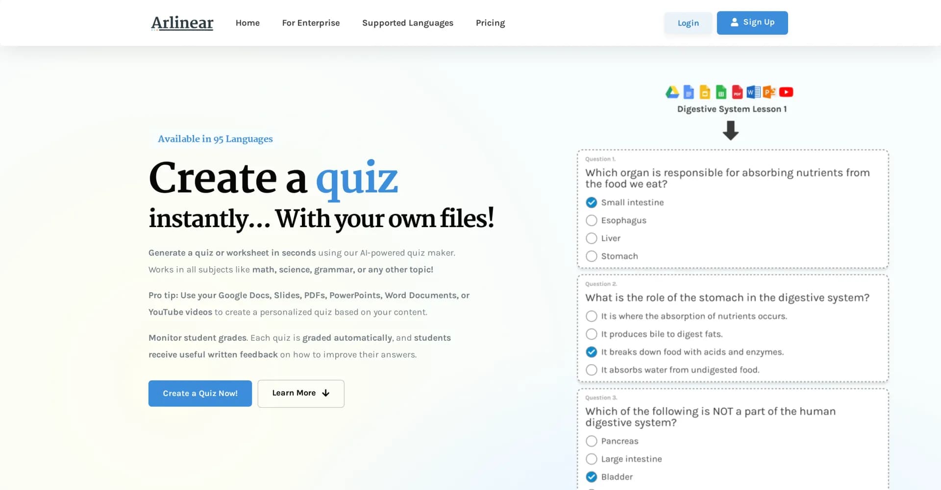 Arlinear homepage screenshot — Create quizzes instantly from any content