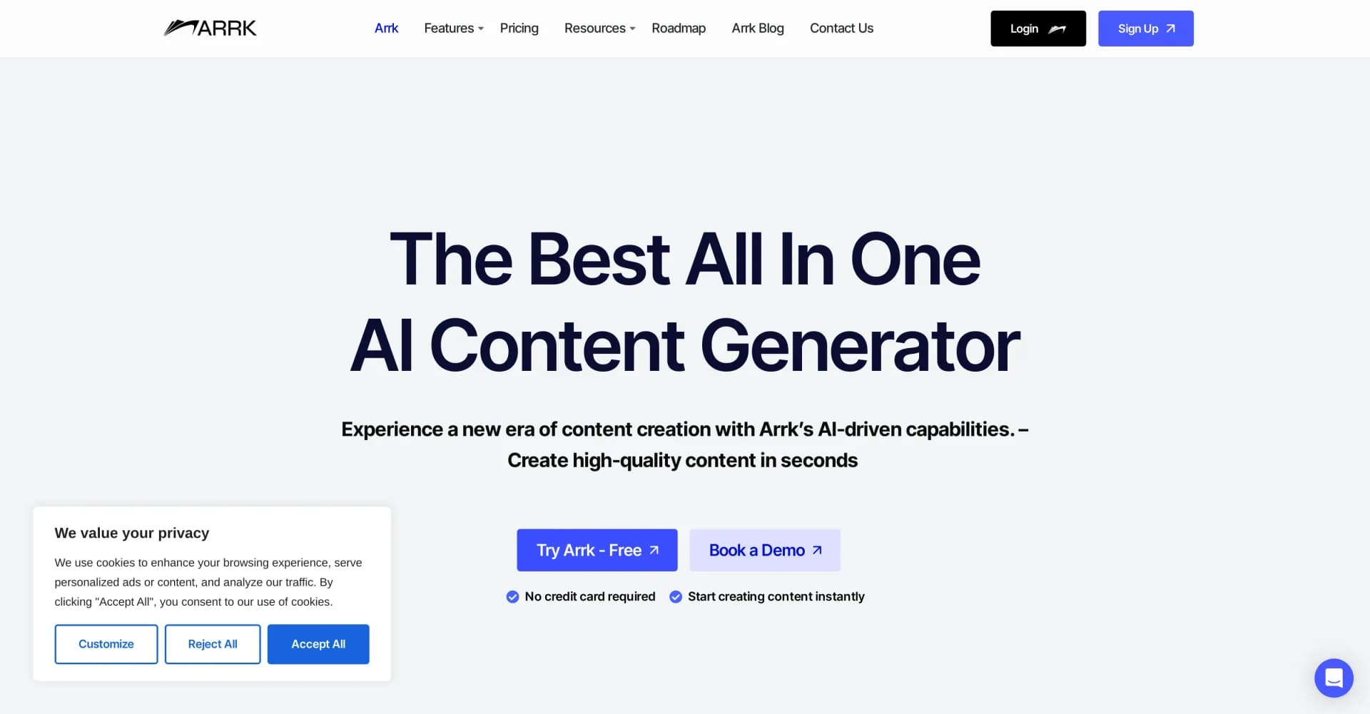 Arrk homepage screenshot — All-in-One AI Content Generator for boosting productivity