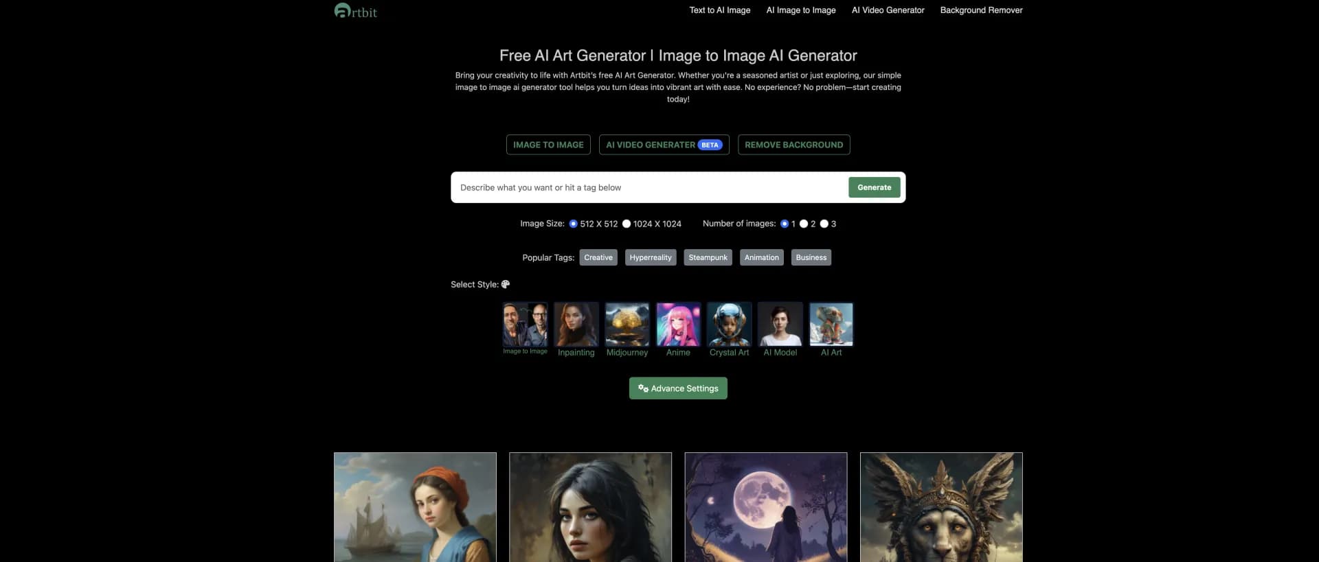Artbit homepage screenshot — Transform ideas into vibrant art effortlessly.