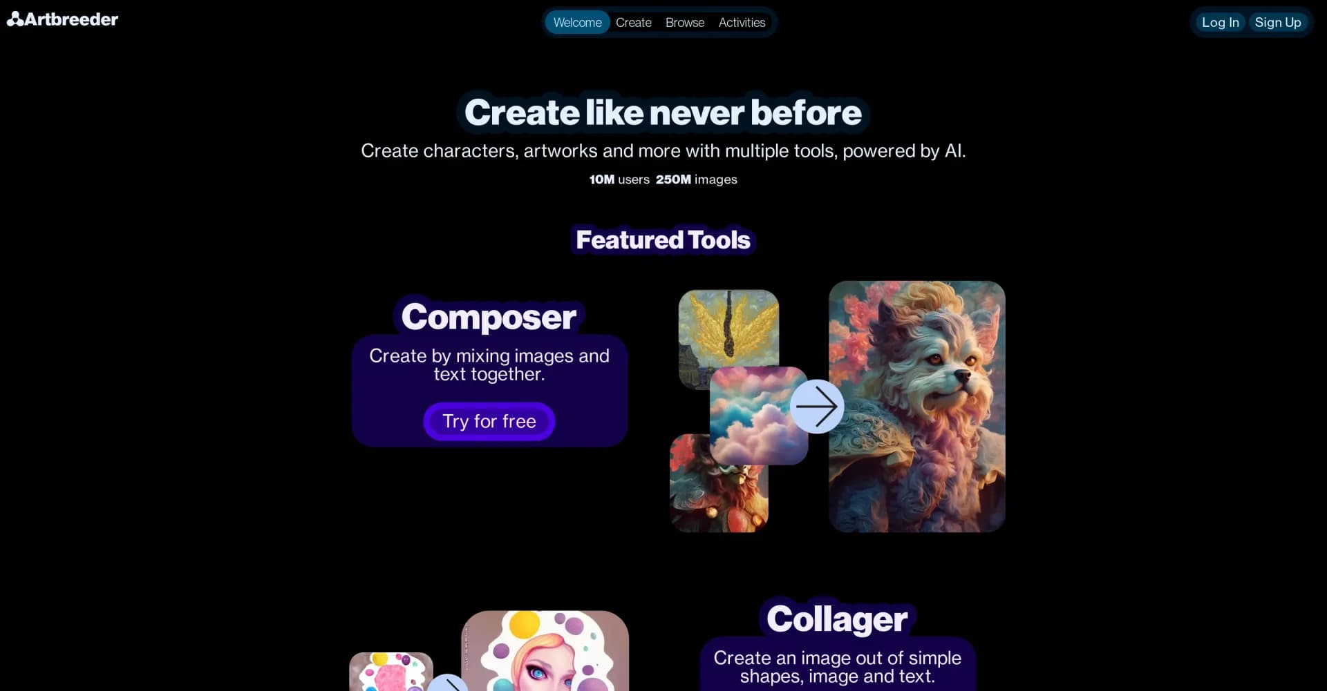 Artbreeder homepage screenshot — Unleash creativity with AI-powered image generation.