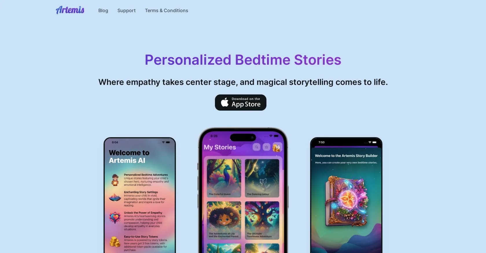 Artemis AI homepage screenshot — Craft personalized bedtime stories with AI