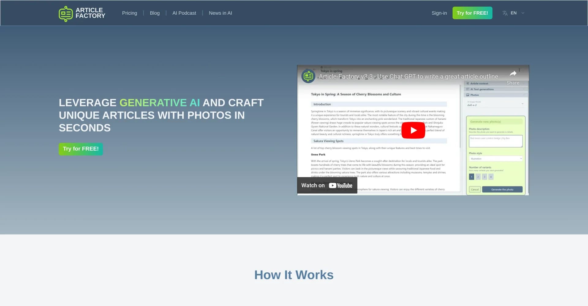 Article Factory homepage screenshot — Craft unique articles with AI in seconds
