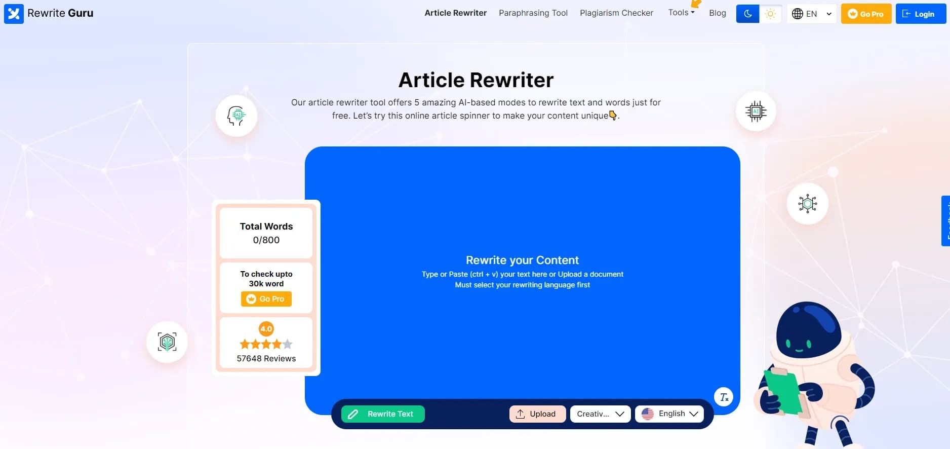 Article Rewriter homepage screenshot — Spin articles without altering context, 100% unique.