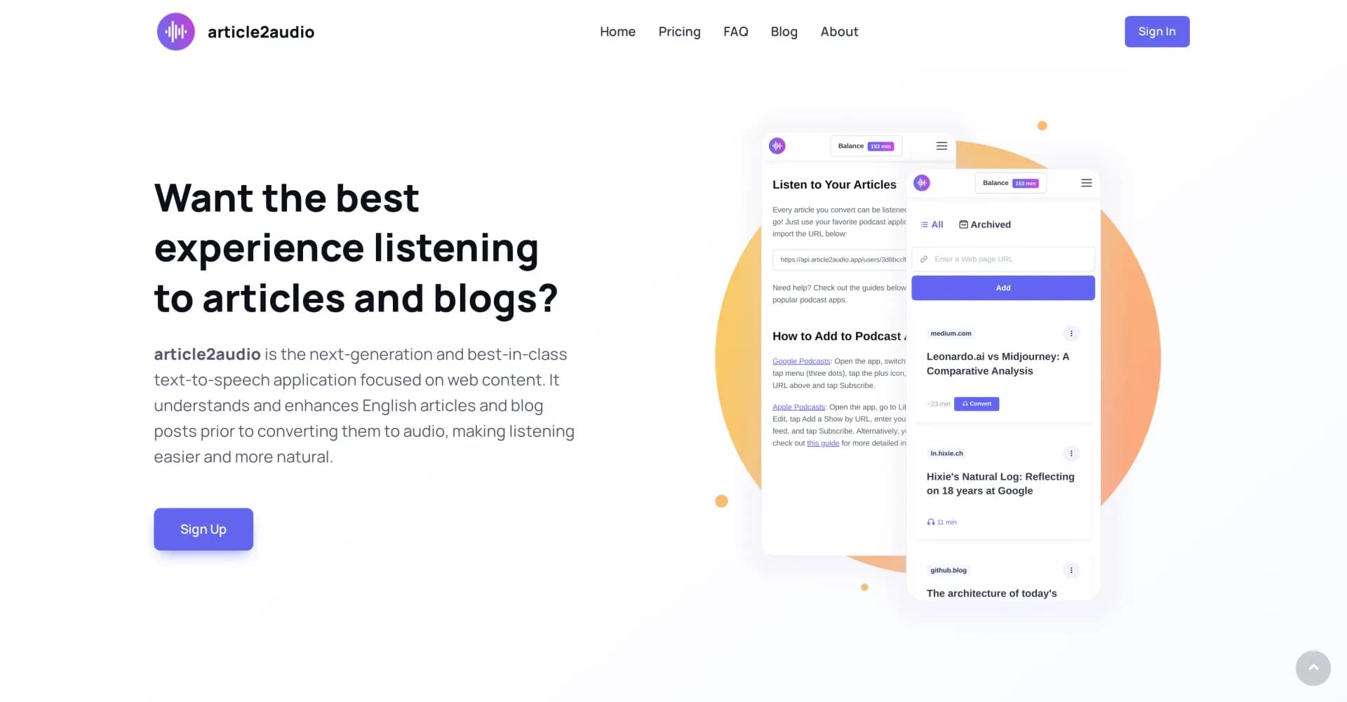 Article2audio homepage screenshot — Convert articles to listenable audio effortlessly.