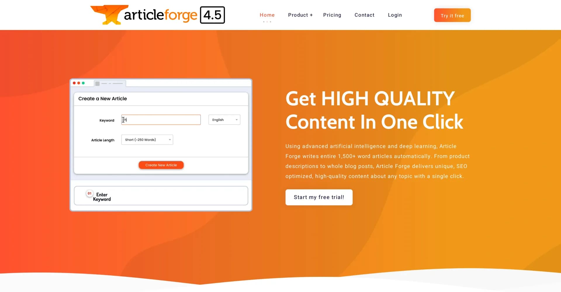 Article Forge homepage screenshot — One-click AI for high-quality, SEO-optimized content.