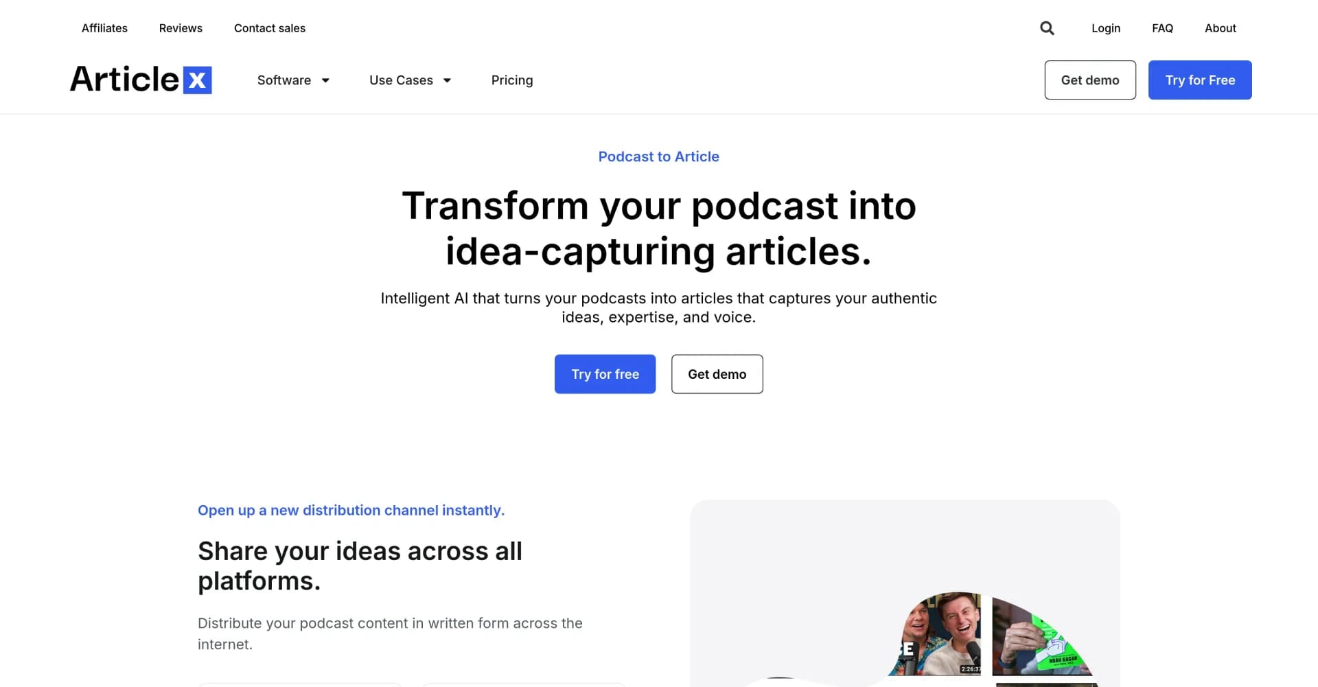 ArticleX - Podcast to Article homepage screenshot — Transform spoken words into captivating articles.