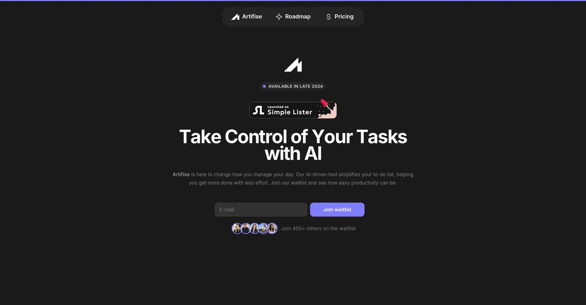 Artifise homepage screenshot — AI-powered productivity for effortless task management.
