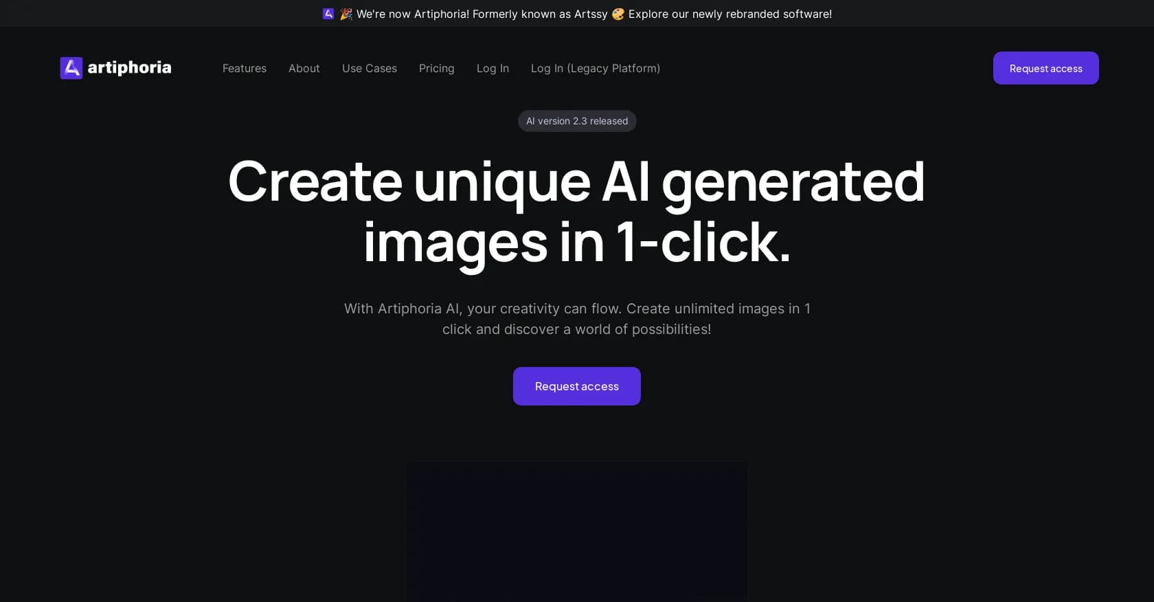 Artiphoria homepage screenshot — Create unique AI-generated images in one click