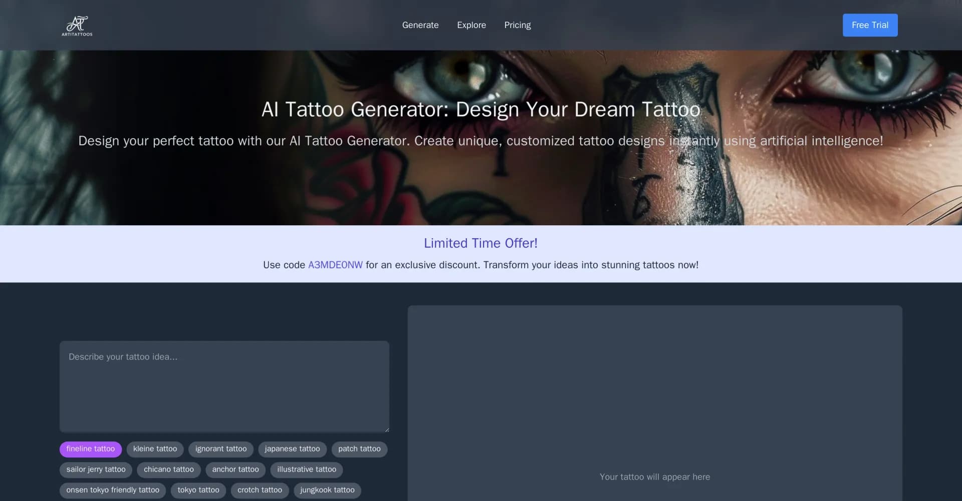 ArtiTattoos homepage screenshot — Create custom tattoo designs instantly with AI.