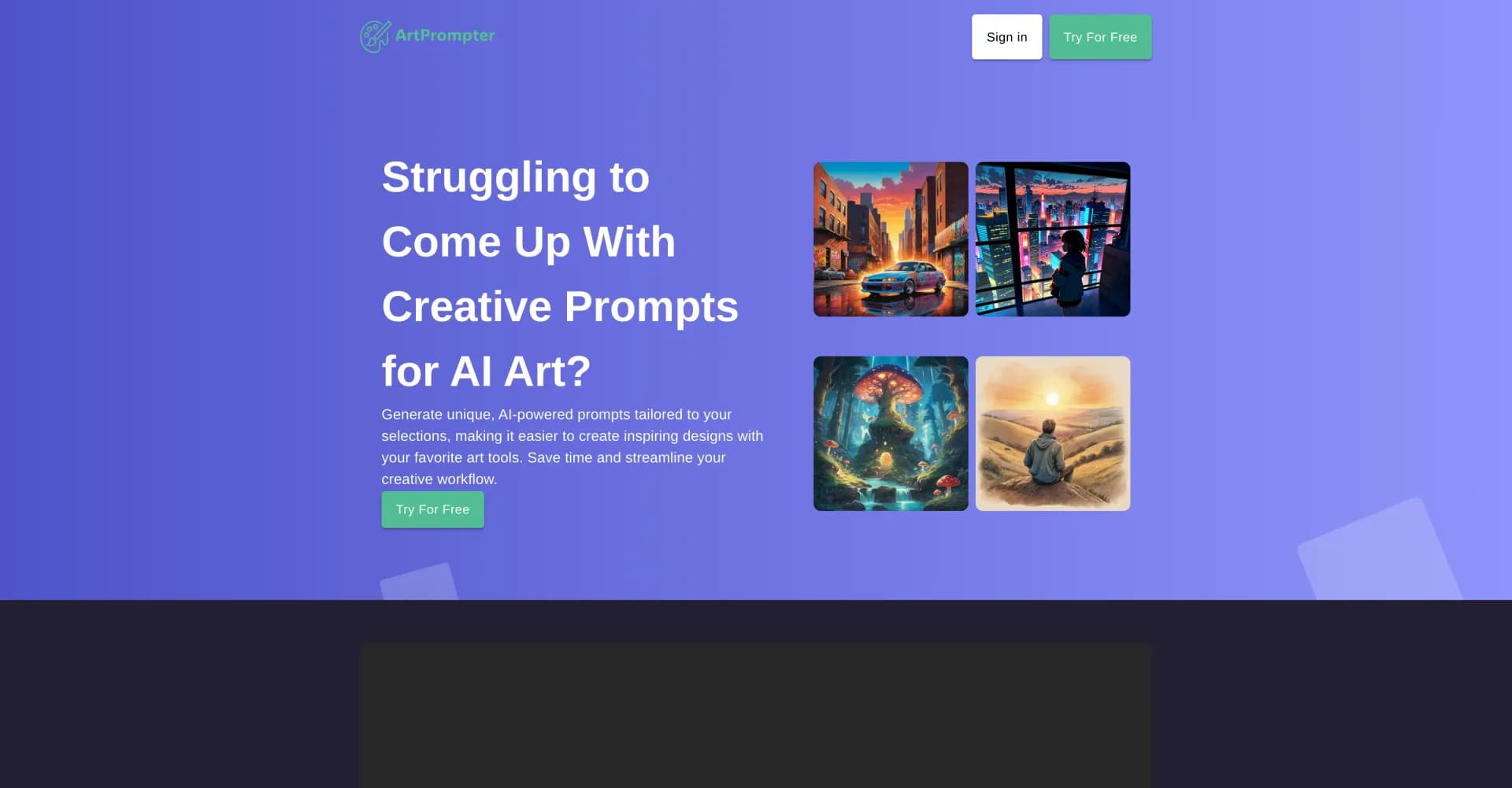 ArtPrompter homepage screenshot — Generate stunning AI art prompts instantly