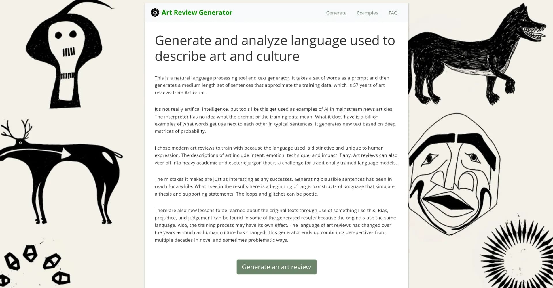 Artreviewgenerator homepage screenshot — Generate art reviews with AI-powered language analysis