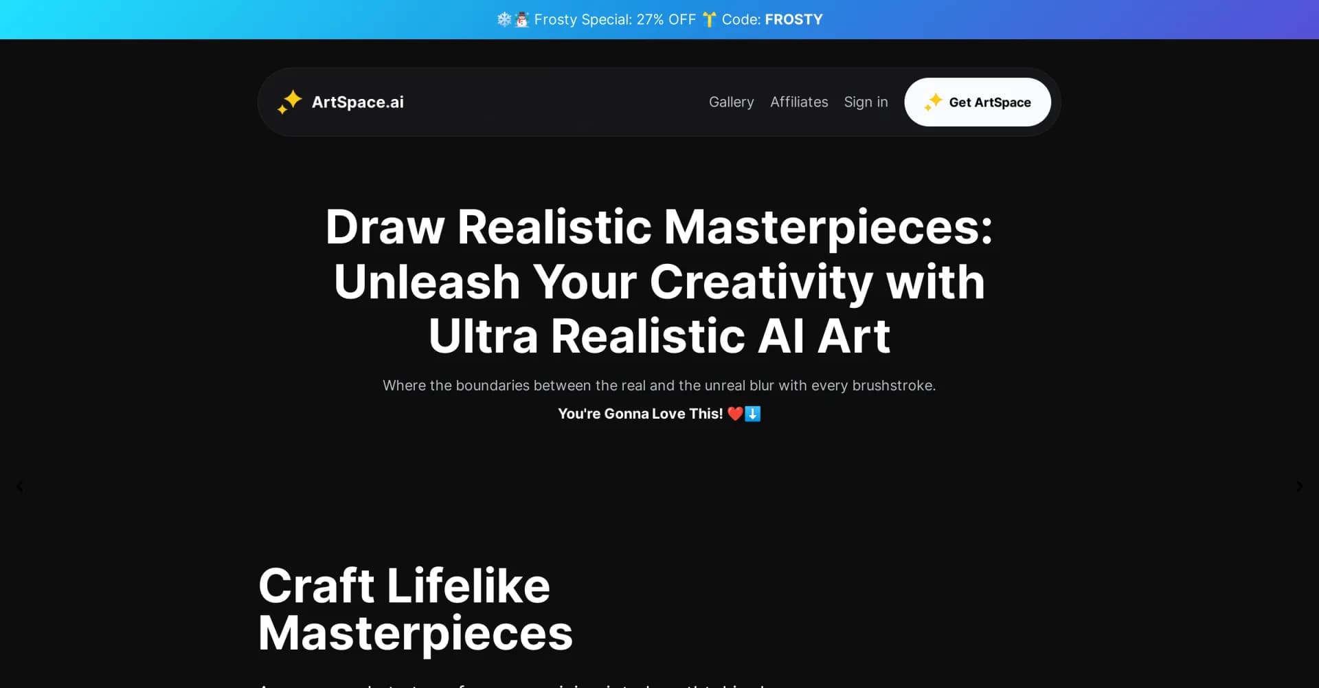 ArtSpace homepage screenshot — Unleash creativity with ultra-realistic AI art