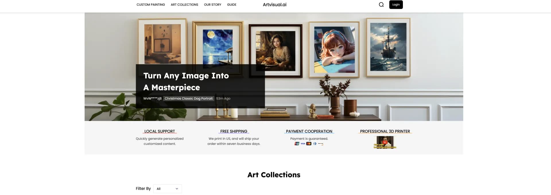 artvisual.ai homepage screenshot — Create stunning AI art from photos in seconds.