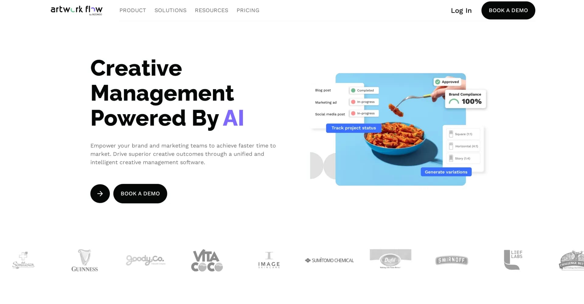 Artwork Flow homepage screenshot — Transform your creative management with AI-powered solutions
