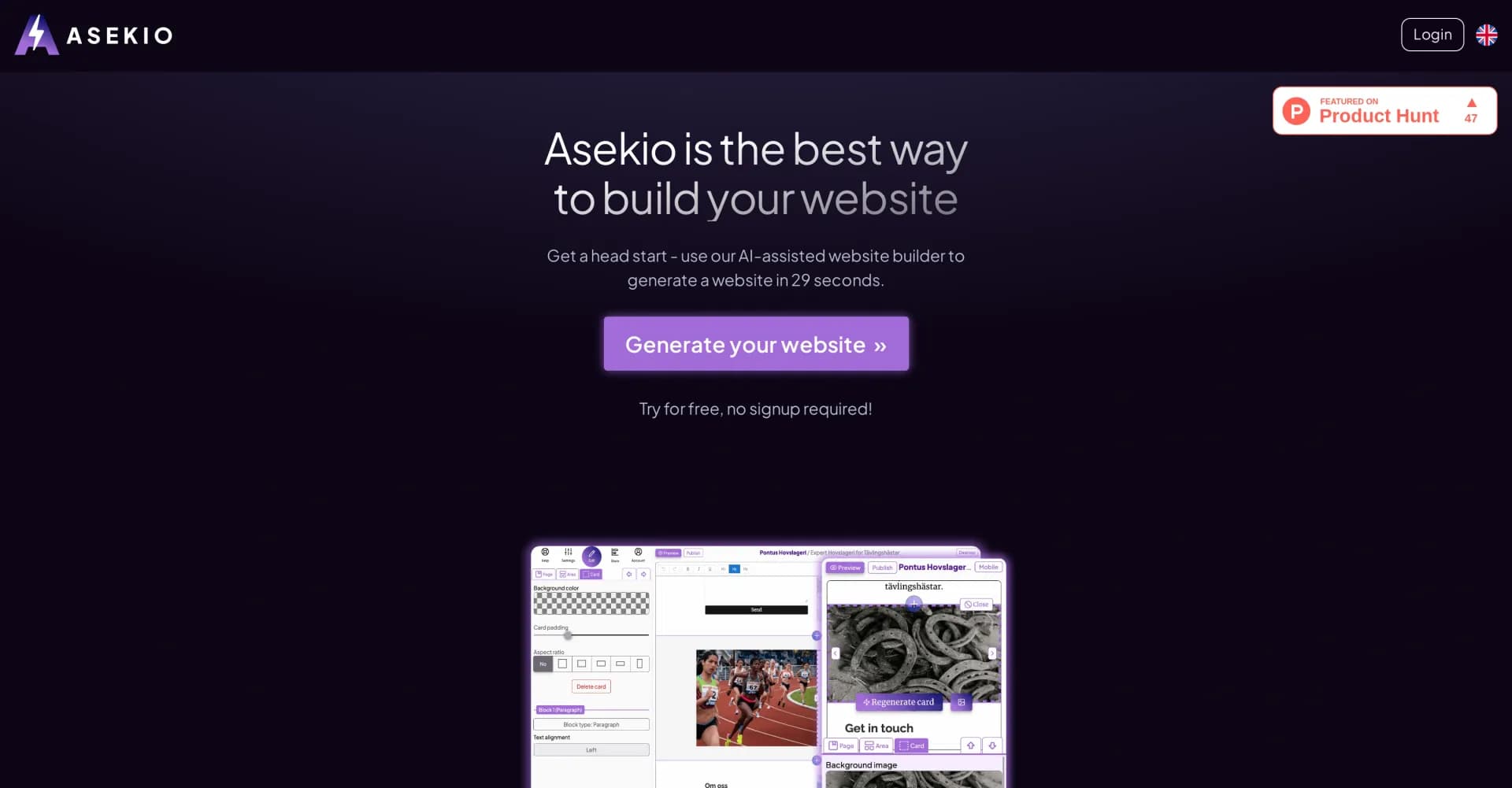 Asekio homepage screenshot — Build AI-generated websites in seconds.