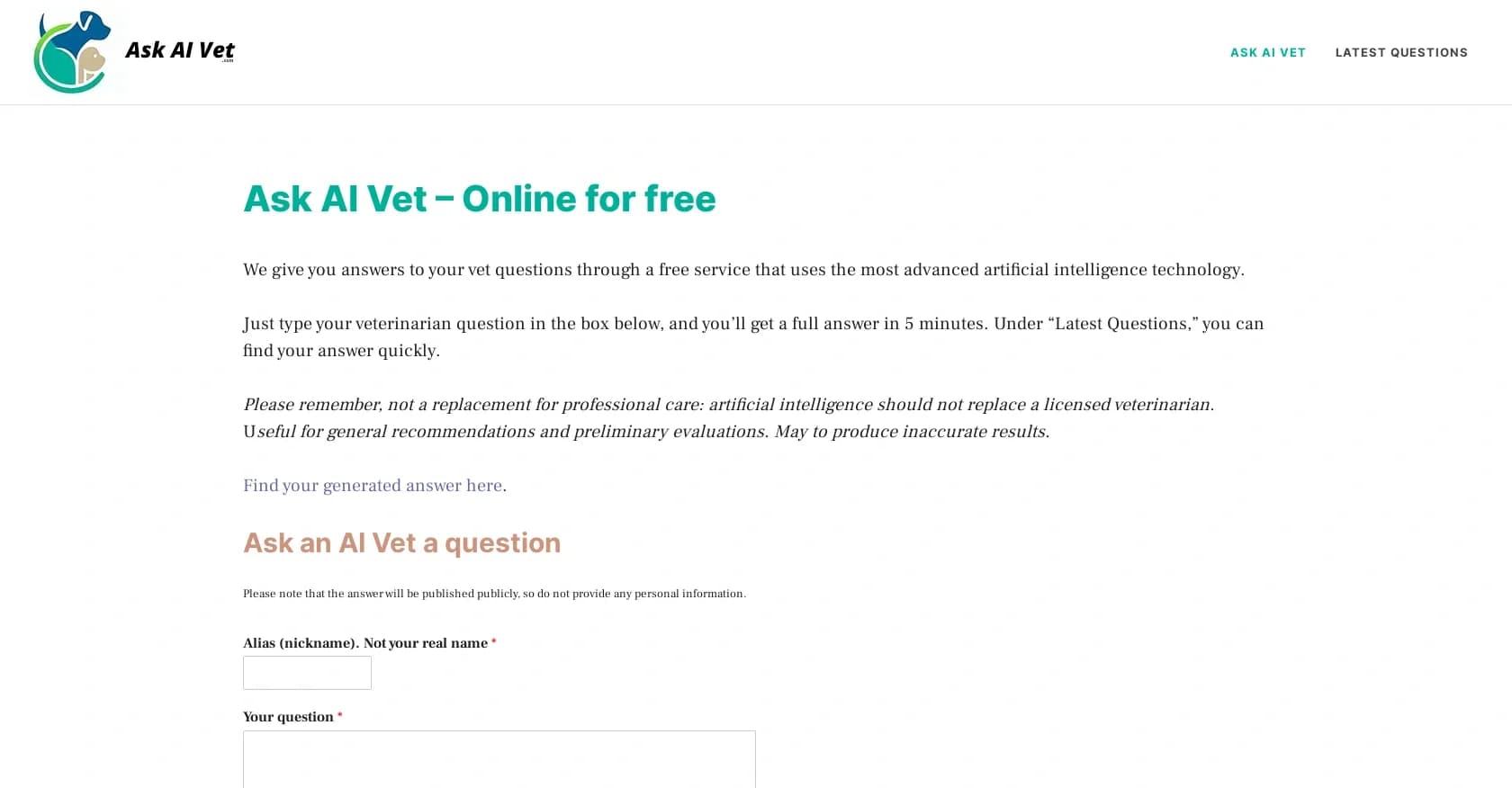 Ask AI Vet homepage screenshot — Free AI-powered answers to vet questions in 5 minutes.
