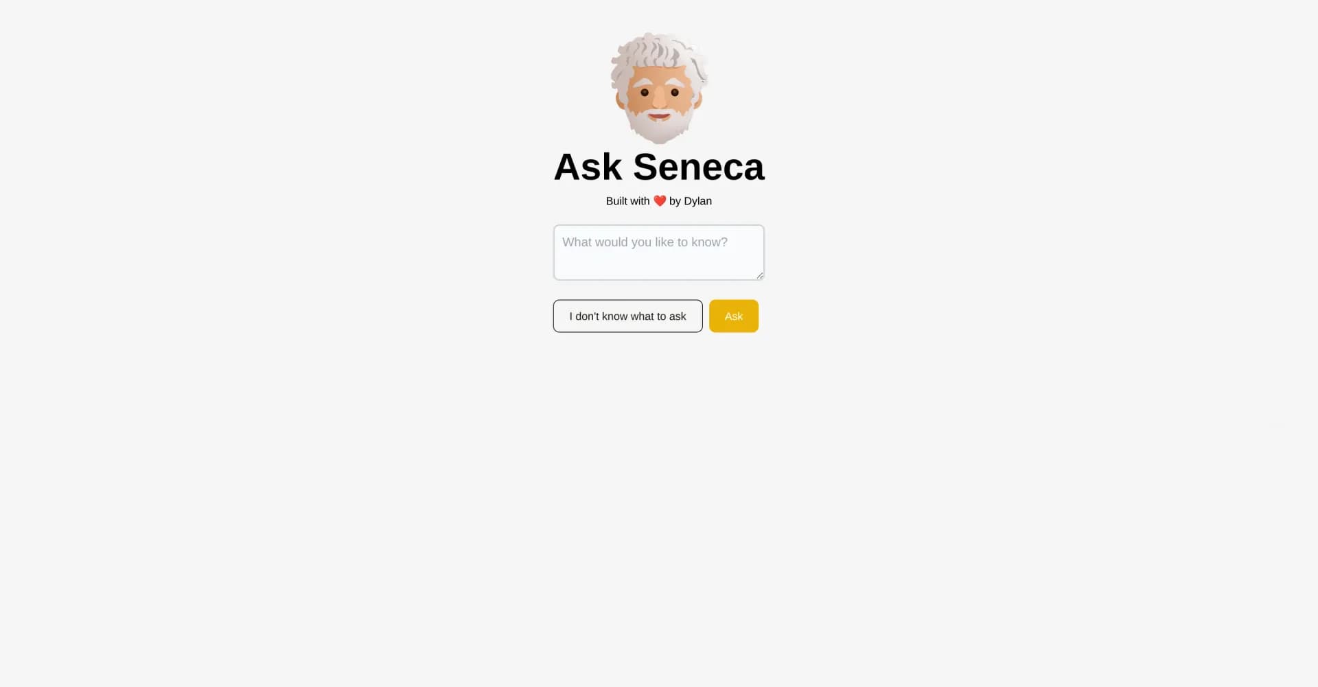 Ask Seneca homepage screenshot — Get stoic wisdom from Seneca's AI avatar.