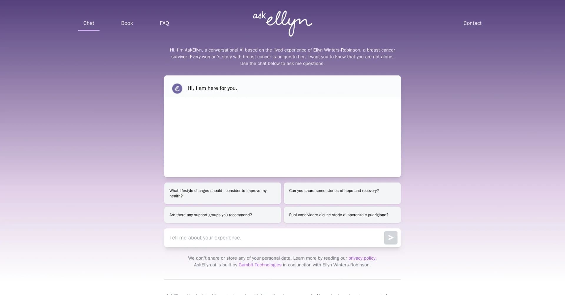 AskEllyn homepage screenshot — Your AI companion for breast cancer support.