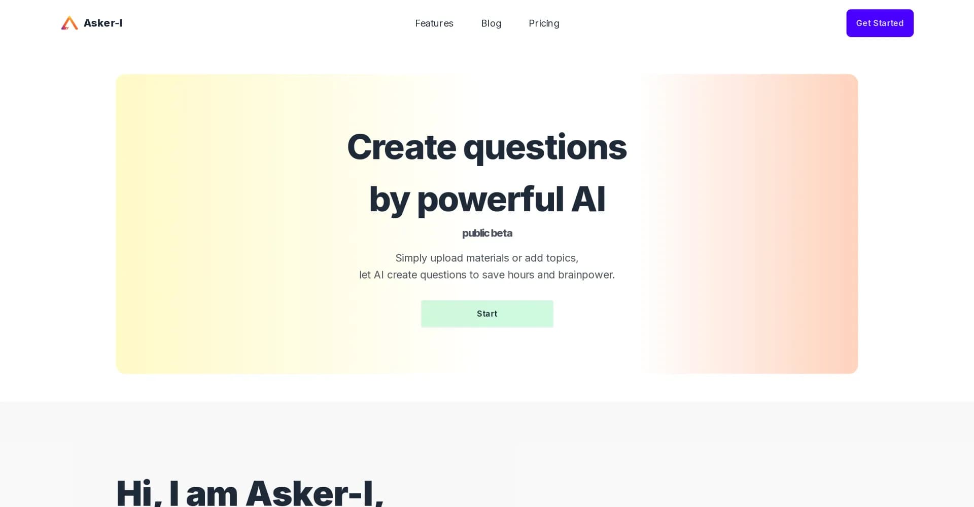 Asker-I homepage screenshot — AI-powered question generator for rapid content creation