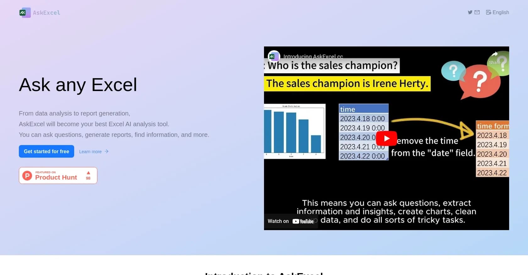 AskExcel homepage screenshot — Your AI Excel assistant for effortless data analysis