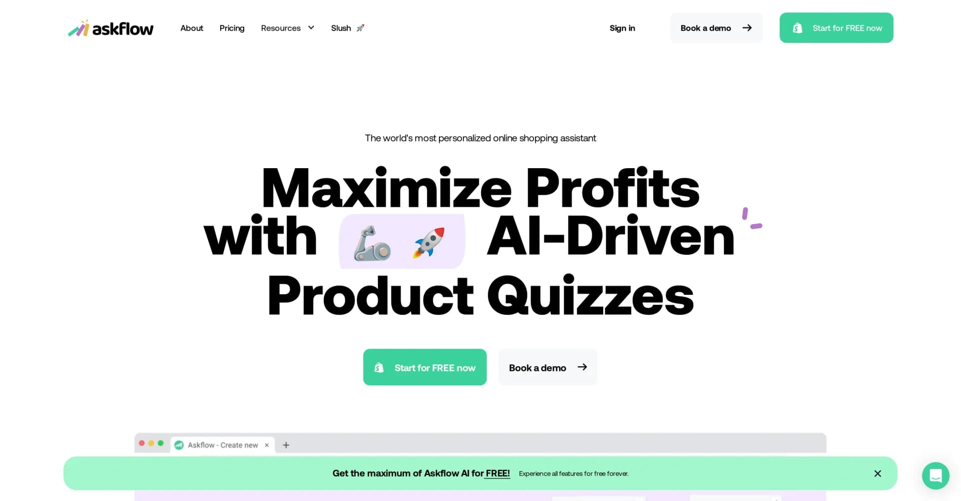 Askflow homepage screenshot — AI-driven product quizzes to maximize profits