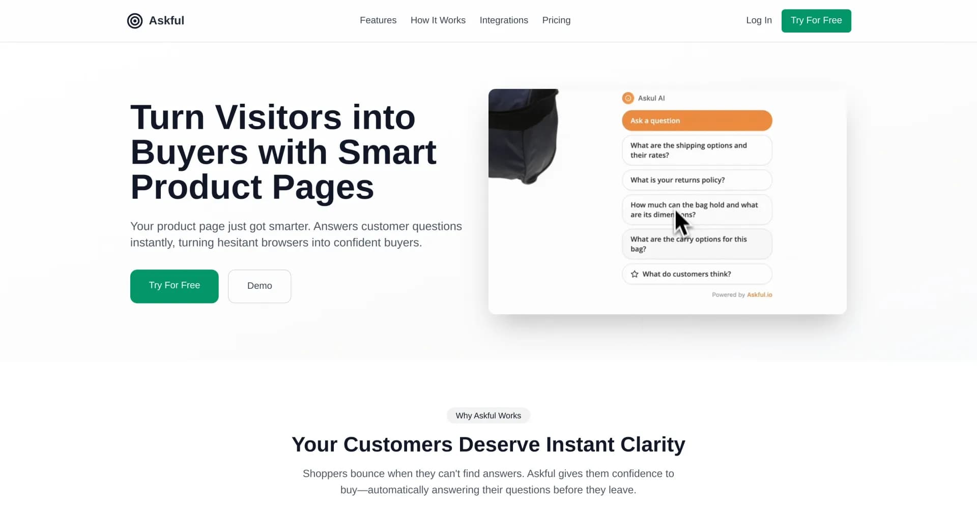 Askful homepage screenshot — Turn visitors into buyers with smart product pages.