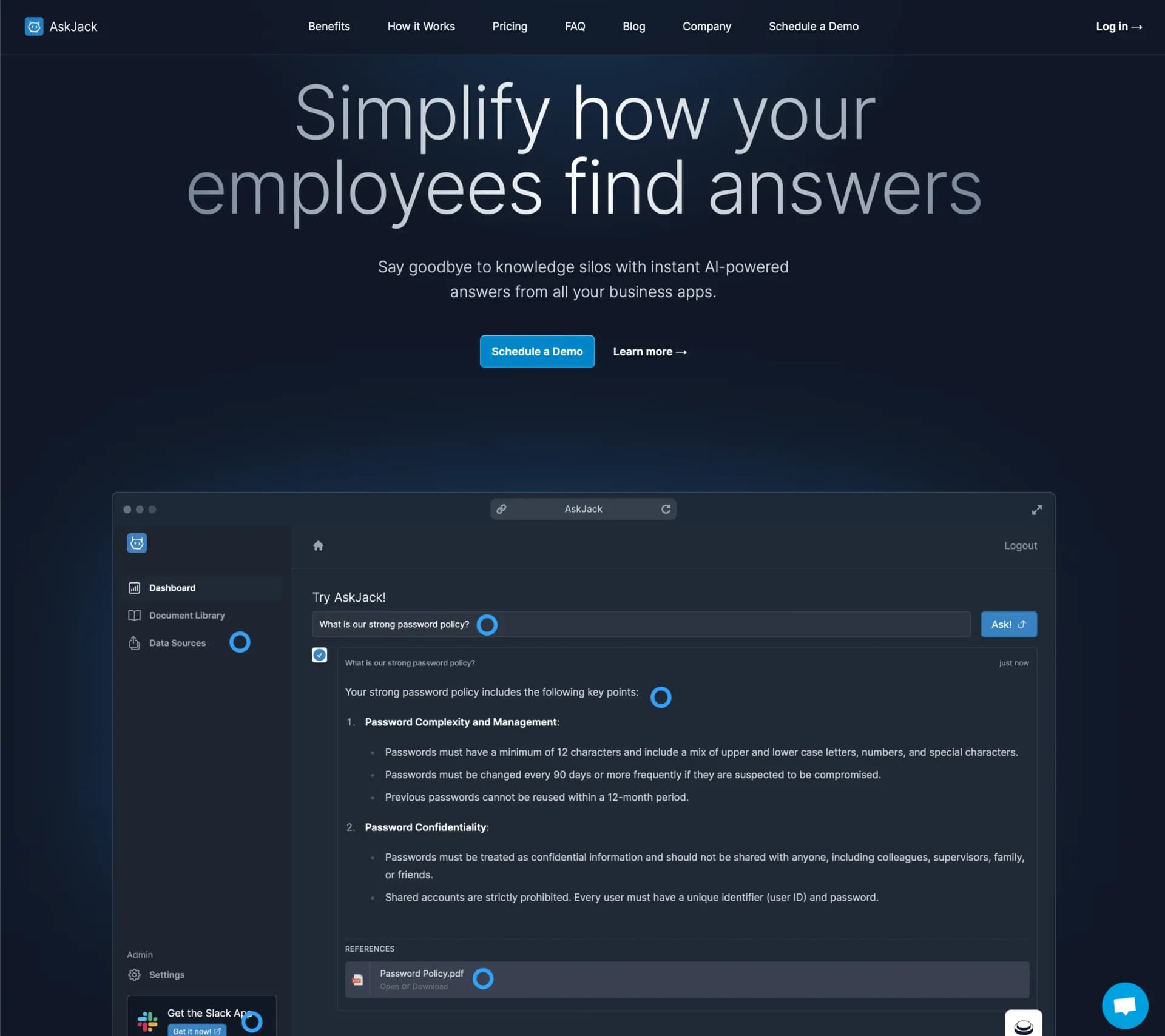 AskJackv1.5 homepage screenshot — Simplify how your employees find answers