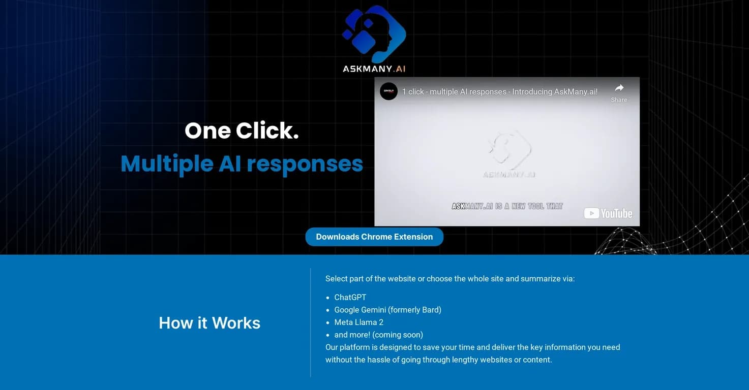 AskManyAI homepage screenshot — One click, multiple AI responses for instant web insights.