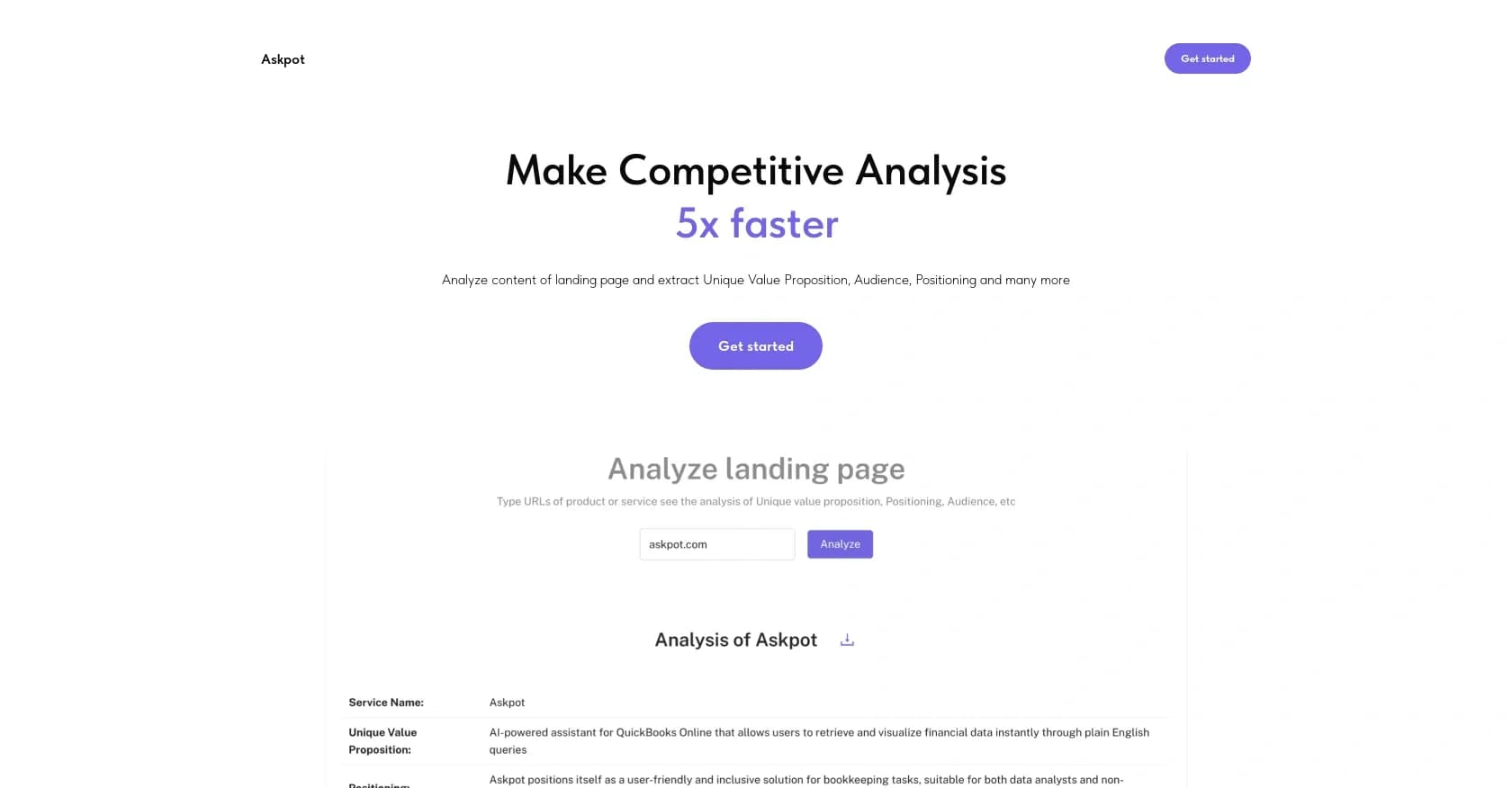 Askpot homepage screenshot — Efficient analysis of products & services for competition.