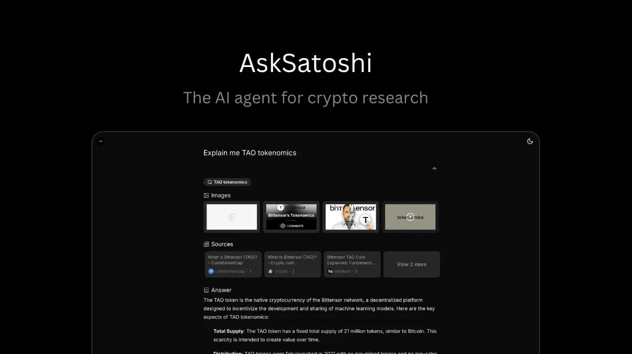 AskSatoshi homepage screenshot — The AI agent for crypto research