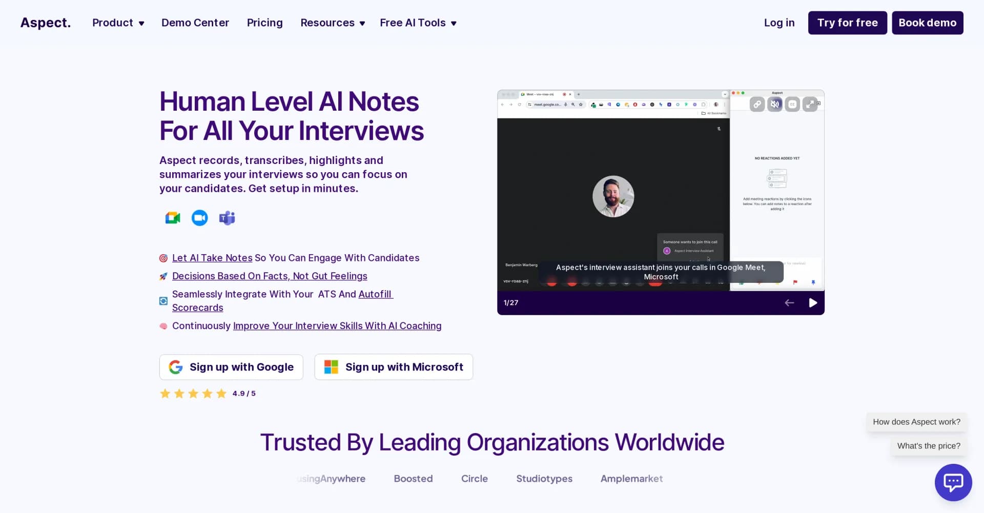 Aspect homepage screenshot — AI copilot for interviews, focusing on your candidates.