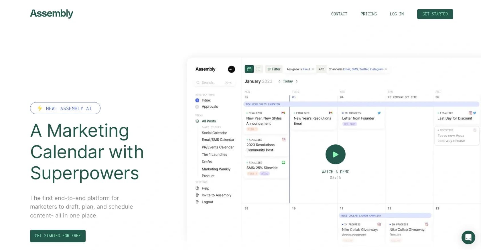 Assembly.marketing homepage screenshot — Organize your marketing workflow in one place.