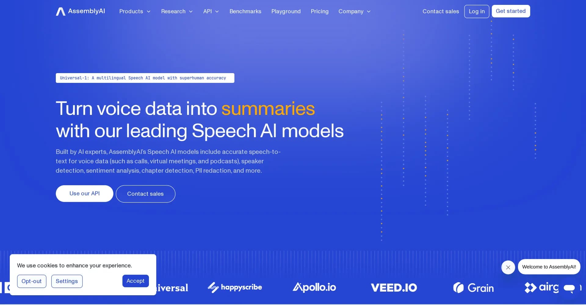 AssemblyAI homepage screenshot — Multilingual Speech-to-Text API with Superhuman Accuracy
