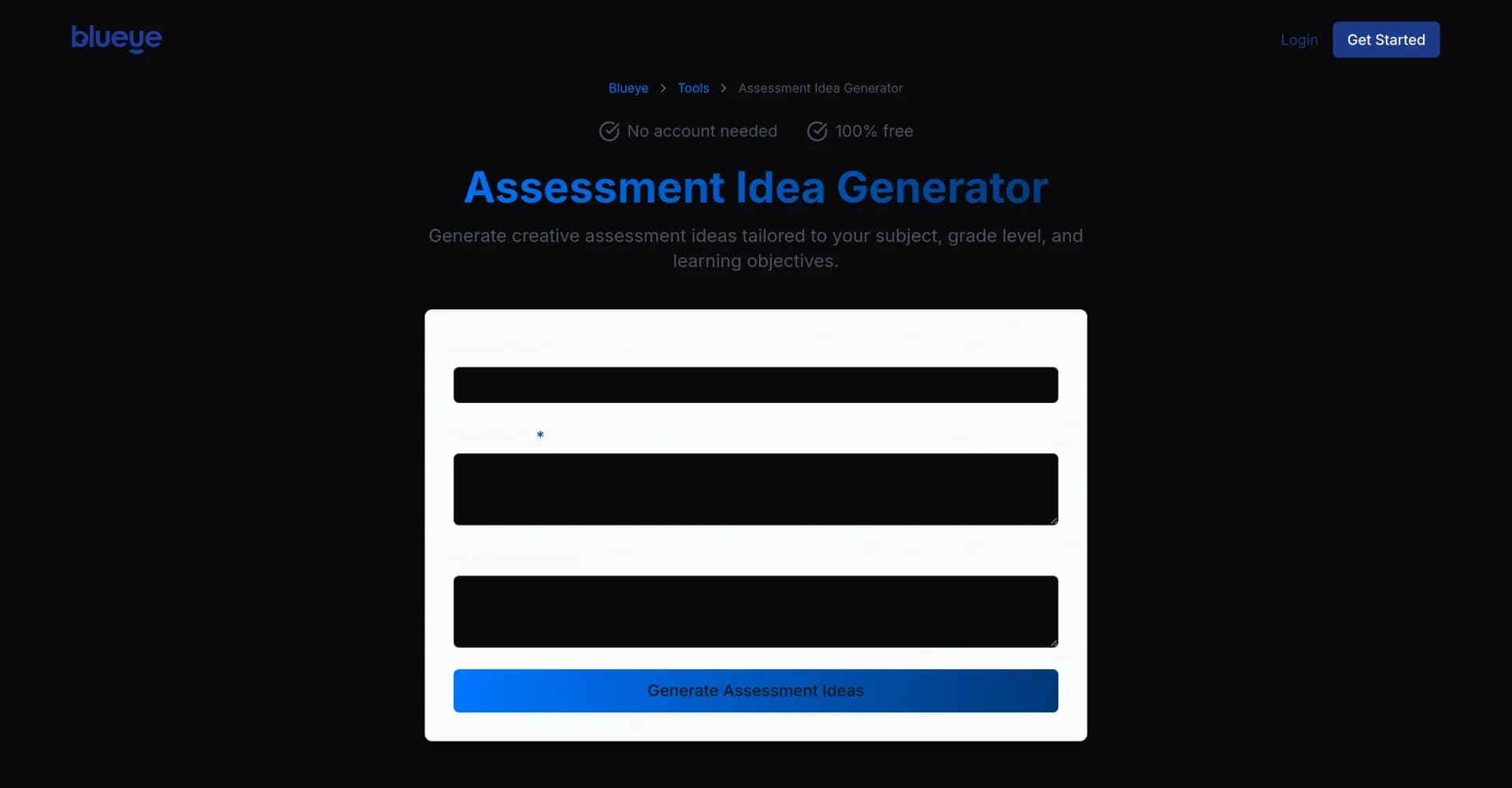 Assessment Idea Generator from Blueye homepage screenshot — Generate creative assessments for any subject and grade.