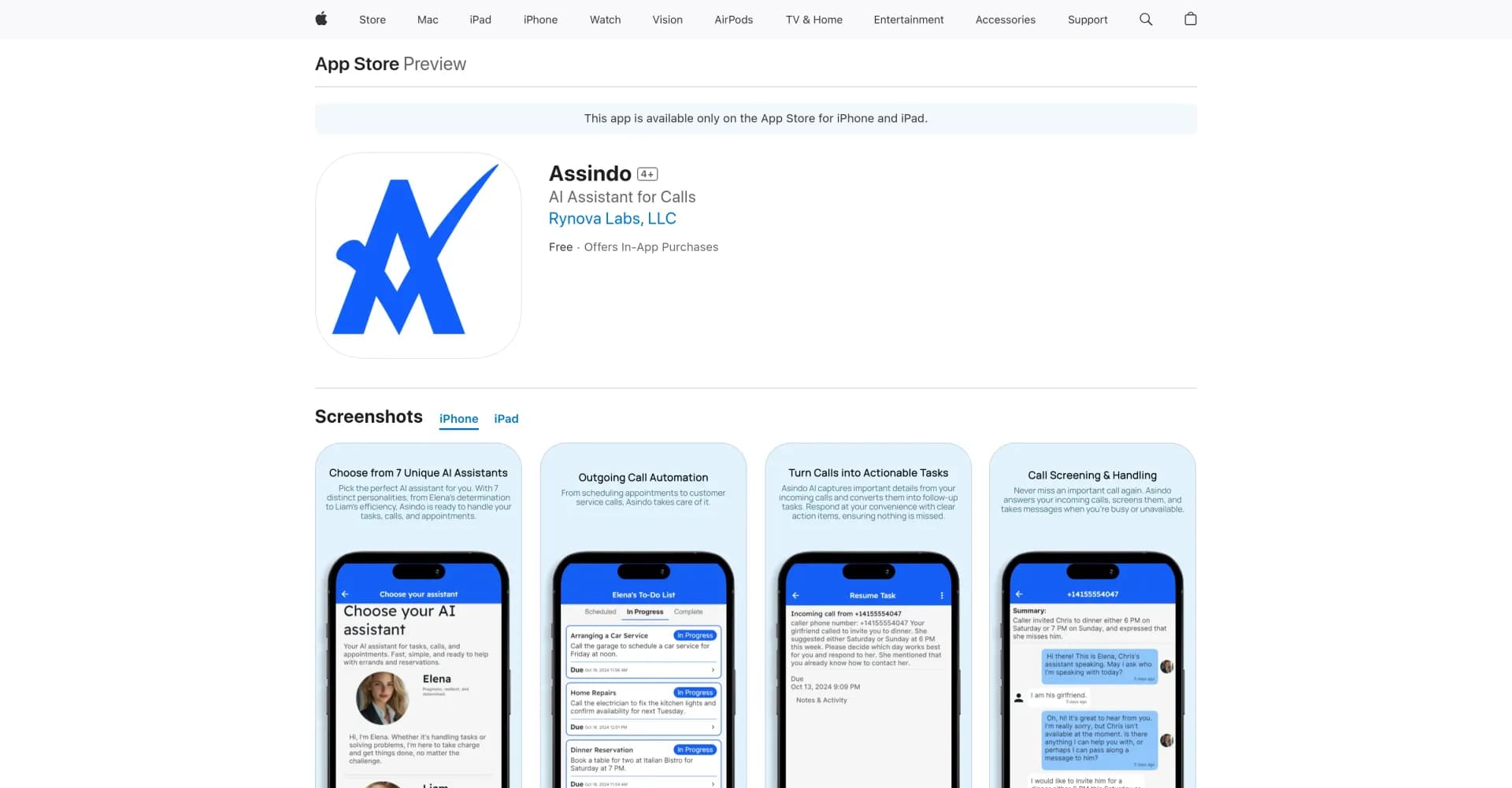 Assindo iOS homepage screenshot — AI assistant for calls, tasks, and appointments