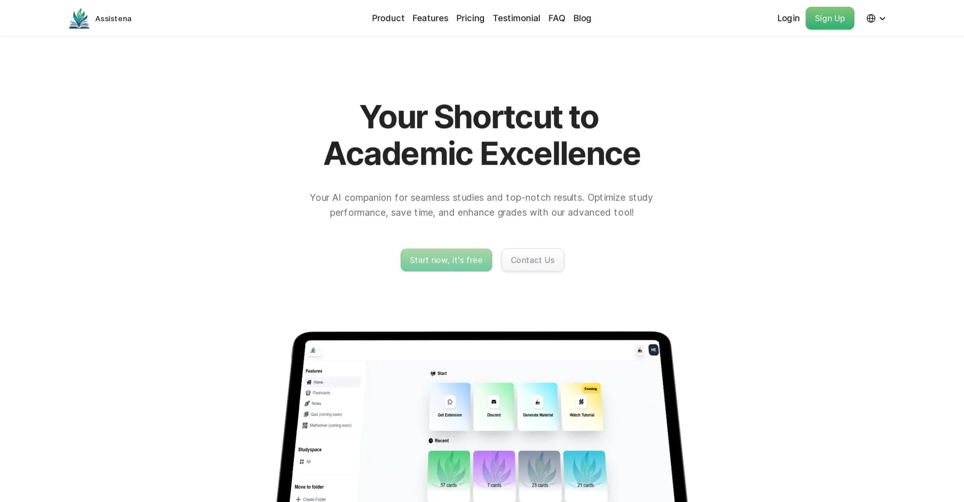 Assistena homepage screenshot — AI companion for seamless studies and top grades