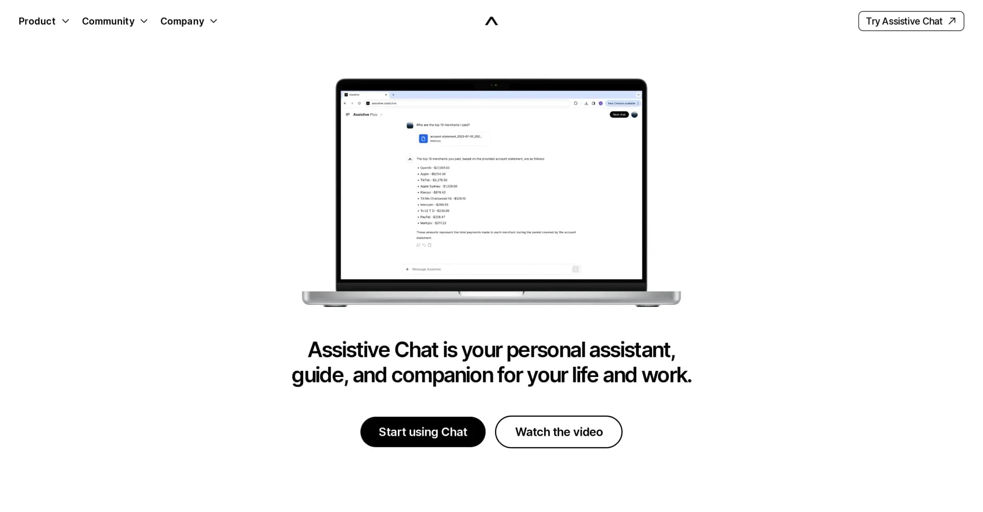 Assistive Chat homepage screenshot — Your multimodal AI assistant with memory.