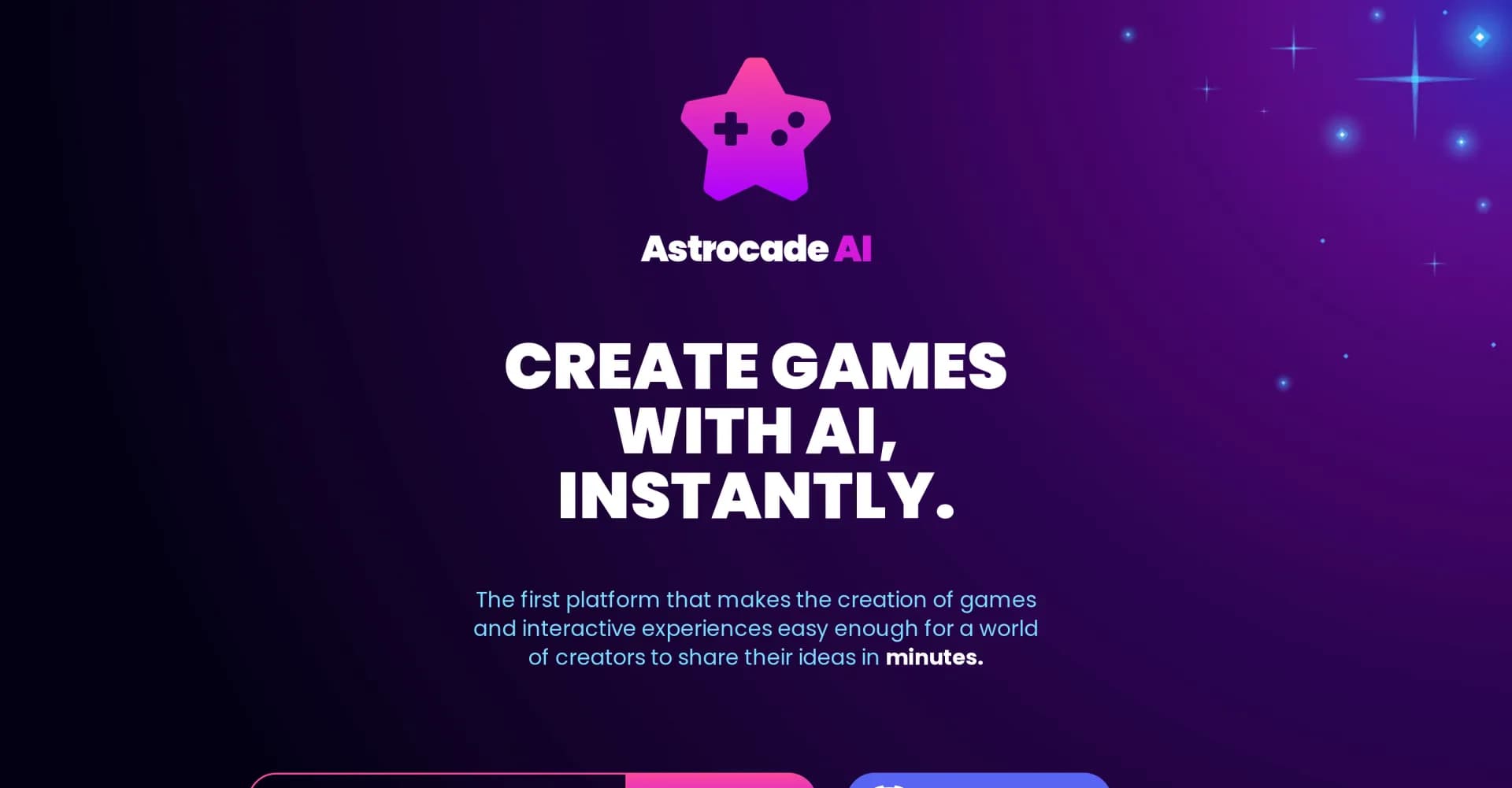 Astrocade homepage screenshot — Create games with AI in minutes.