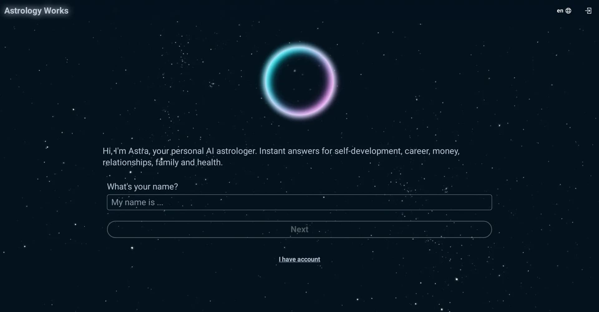 Astrology Works homepage screenshot — Your AI astrologer for instant life guidance
