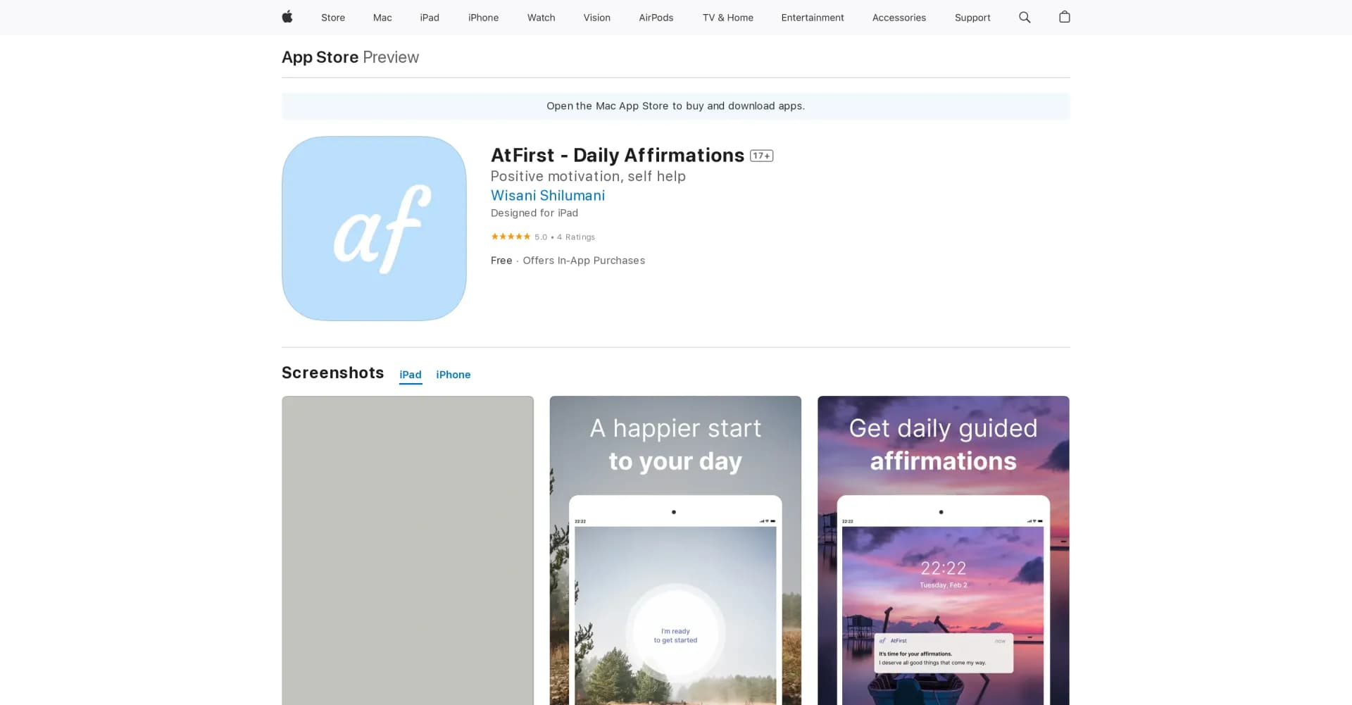 AtFirst homepage screenshot — Experience daily affirmations on your device