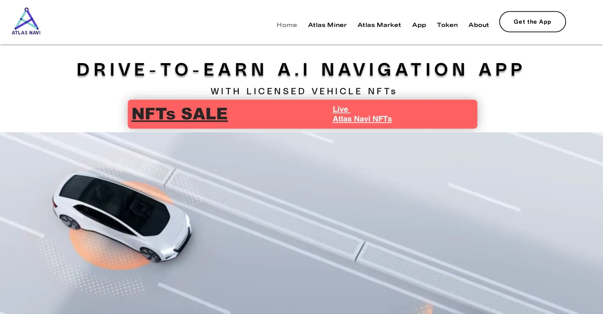 Atlas Navi homepage screenshot — Drive-to-earn AI navigation app with vehicle NFTs