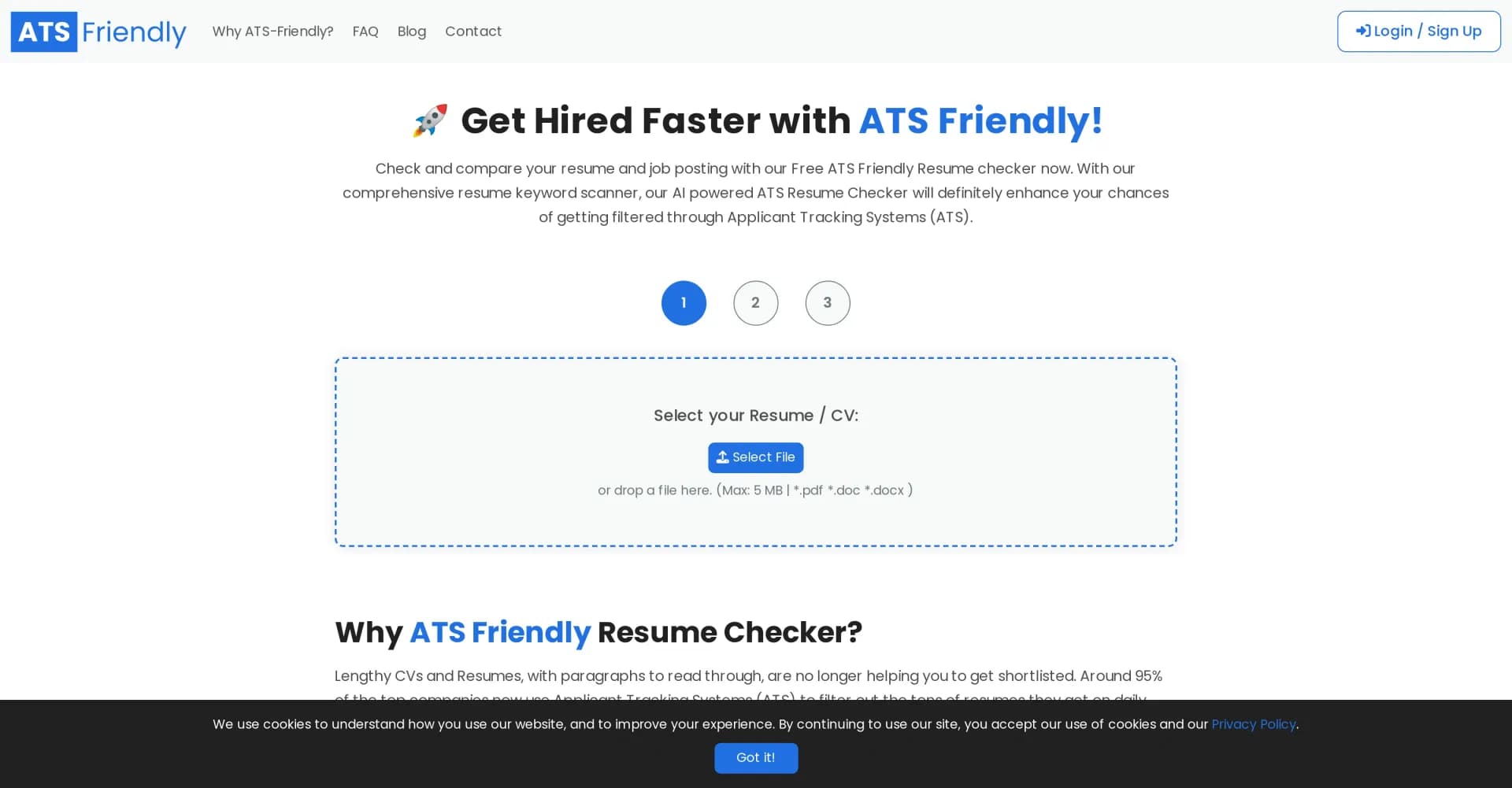 ATSFriendly homepage screenshot — Boost your resume's ATS success with our free checker.